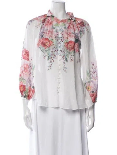Pre-owned Zimmermann Floral Print Long Sleeve Blouse In White