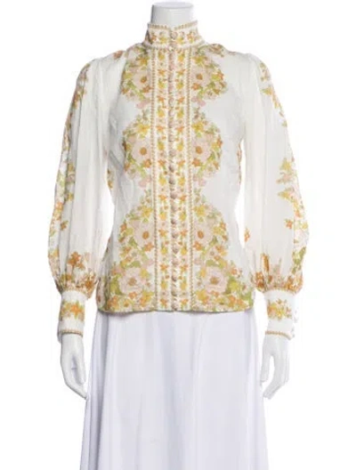 Pre-owned Zimmermann Floral Print Long Sleeve Blouse In White