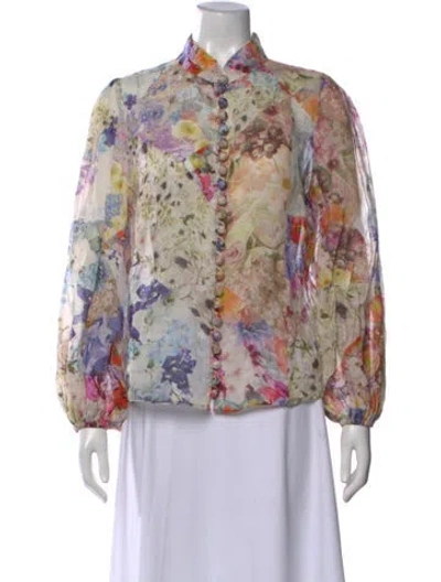 Pre-owned Zimmermann Floral Print Long Sleeve Blouse In White