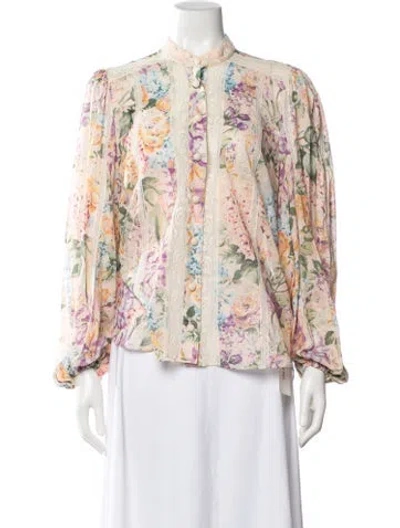 Pre-owned Zimmermann Floral Print Long Sleeve Blouse In White