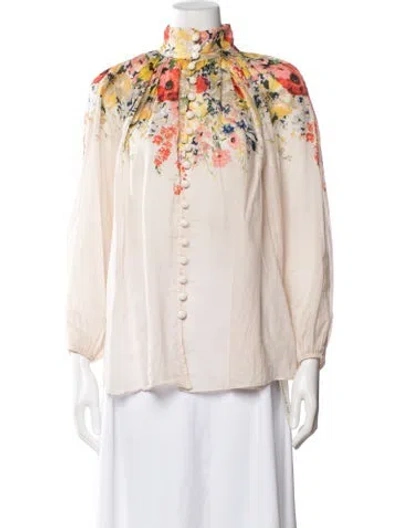 Pre-owned Zimmermann Floral Print Long Sleeve Blouse In White