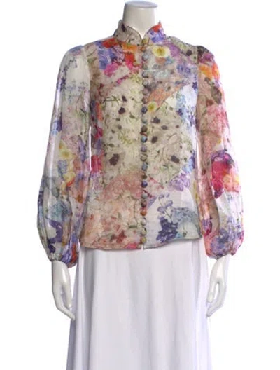 Pre-owned Zimmermann Floral Print Long Sleeve Blouse In White