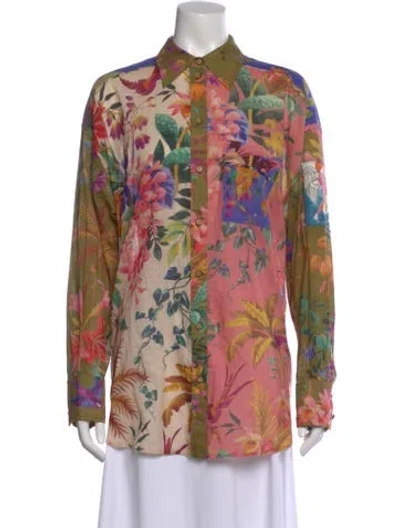 Pre-owned Zimmermann Floral Print Long Sleeve Button-up Top In Green