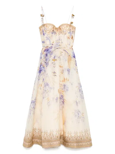 Zimmermann Beige Linen And Silk Dawning Picnic Dress In Lilacfloral