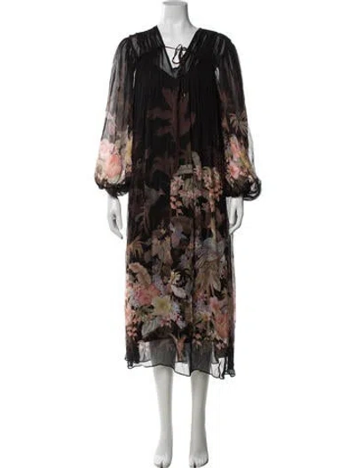Pre-owned Zimmermann Floral Print Midi Length Dress In Black