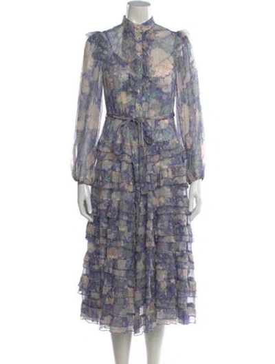 Pre-owned Zimmermann Floral Print Midi Length Dress In Blue