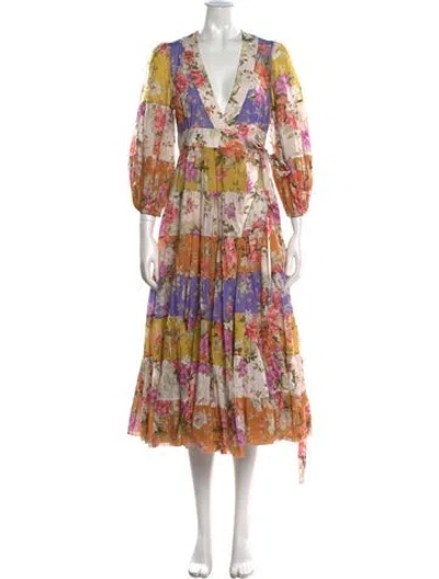 Pre-owned Zimmermann Floral Print Midi Length Dress In Blue
