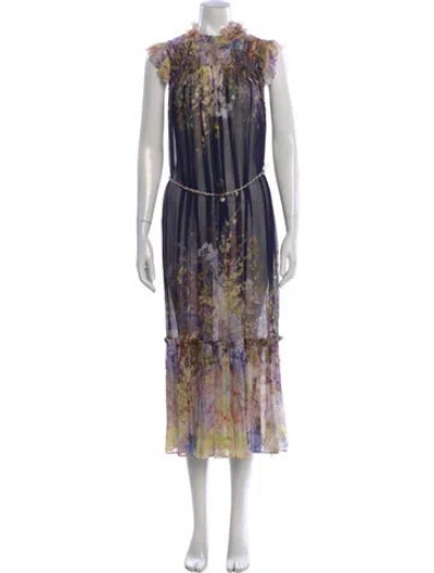 Pre-owned Zimmermann Floral Print Midi Length Dress In Blue