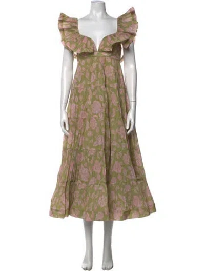 Pre-owned Zimmermann Floral Print Midi Length Dress In Green