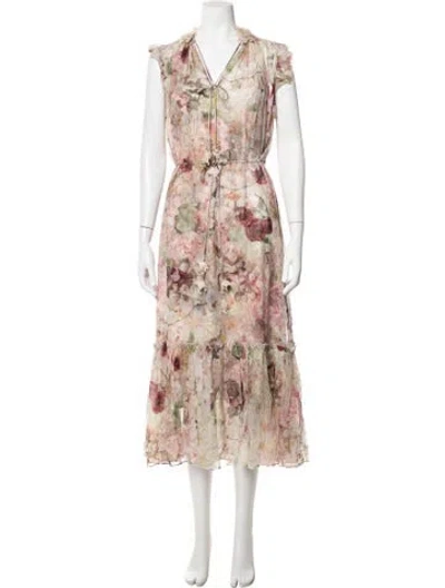 Pre-owned Zimmermann Floral Print Midi Length Dress W/ Tags In Neutrals/pink