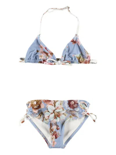 Zimmermann Floral Print Mini Drawstring Bikini Top In Clear Blue