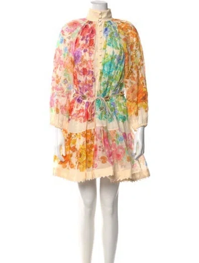 Pre-owned Zimmermann Floral Print Mini Dress In Neutral