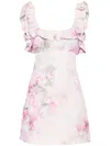 Zimmermann Crush Frill Cutout Ruffled Floral-print Linen Mini Dress In Pink