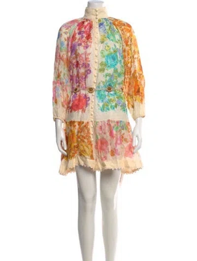 Pre-owned Zimmermann Floral Print Mini Dress W/ Tags In Neutral