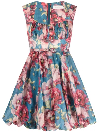 Zimmermann Floral-print Belted Mini Dress In Blue