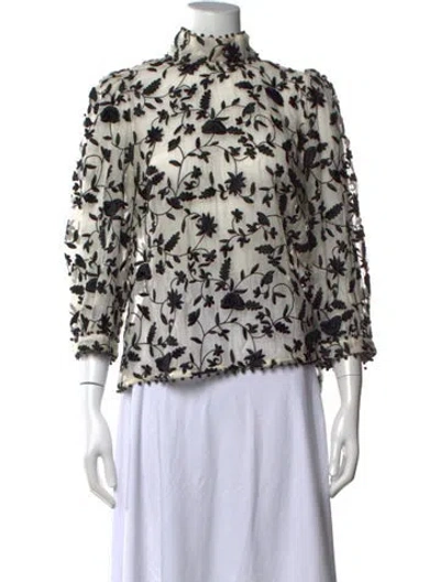 Pre-owned Zimmermann Floral Print Mock Neck Blouse In Black/neutrals