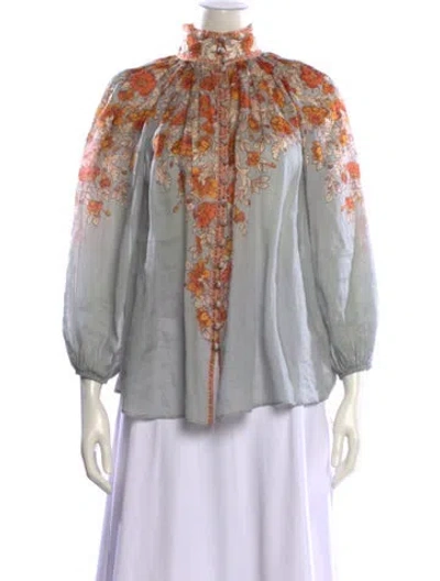 Pre-owned Zimmermann Floral Print Mock Neck Blouse In Blue