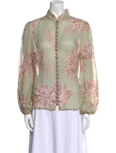 Pre-owned Zimmermann Floral Print Mock Neck Blouse In Green