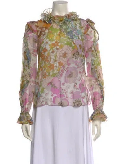 Pre-owned Zimmermann Floral Print Mock Neck Blouse In Neutral