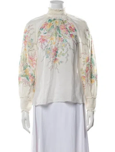 Pre-owned Zimmermann Floral Print Mock Neck Blouse In Neutrals