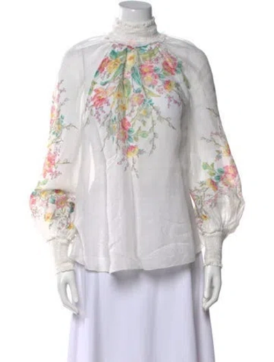 Pre-owned Zimmermann Floral Print Mock Neck Blouse In White