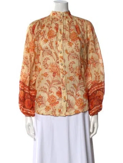 Pre-owned Zimmermann Floral Print Mock Neck Blouse In White