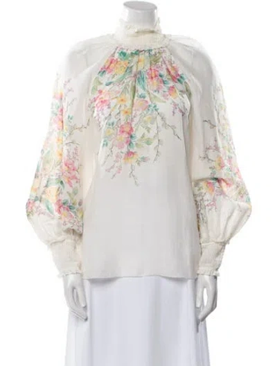 Pre-owned Zimmermann Floral Print Mock Neck Blouse In White