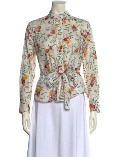 Pre-owned Zimmermann Floral Print Mock Neck Blouse In White