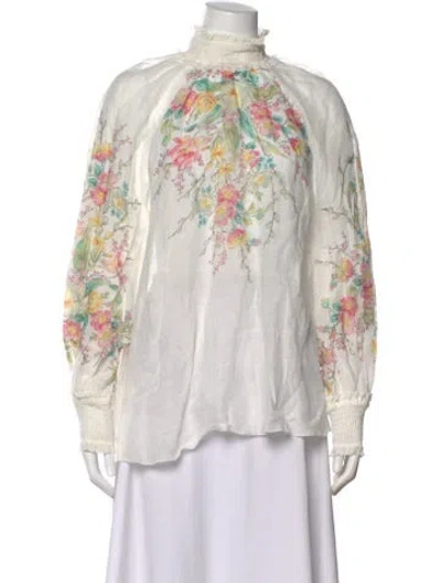 Pre-owned Zimmermann Floral Print Mock Neck Blouse In White