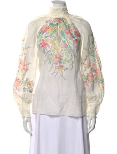 Pre-owned Zimmermann Floral Print Mock Neck Blouse In White