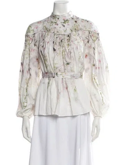 Pre-owned Zimmermann Floral Print Mock Neck Blouse In White