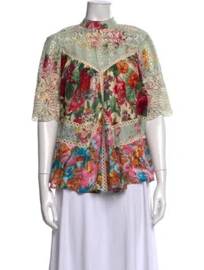 Pre-owned Zimmermann Floral Print Mock Neck Blouse In Yellow