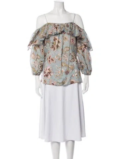 Pre-owned Zimmermann Floral Print Off-the-shoulder Blouse In Grey