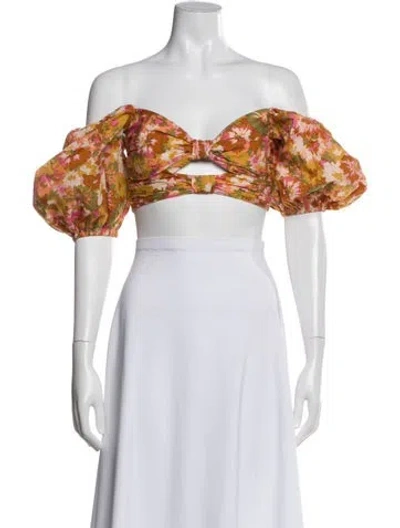 Pre-owned Zimmermann Floral Print Off-the-shoulder Crop Top In Orange