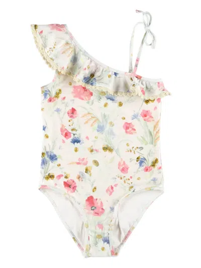 Zimmermann Kids' Floral-print One-shoulder Swimsuit In White