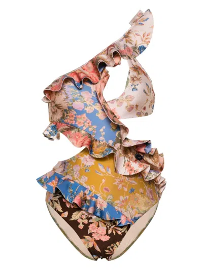 Zimmermann One-shoulder Ruffled Cutout Floral-print Swimsuit In Multi