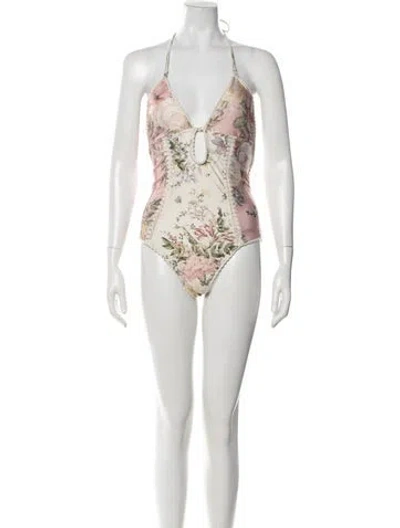 Pre-owned Zimmermann Floral Print One-piece W/ Tags In Neutrals
