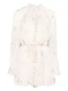Zimmermann Delicate Floral Playsuit With Removable Belt And Ruffled Edges In Whthyd - White Hydrangea
