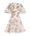 Zimmermann Floral Pleated Puff-sleeve Mini Dress In Nude