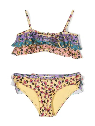 Zimmermann Kids' Floral-print Ruffle Bikini Set In 黄色
