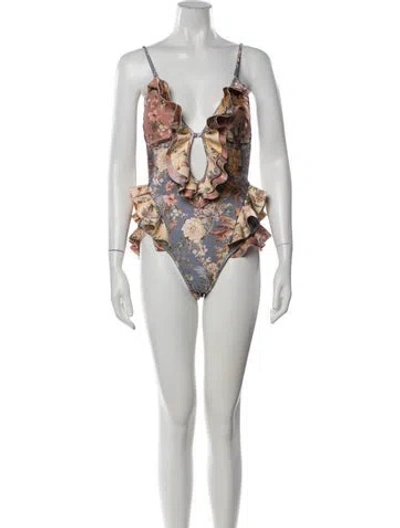 Pre-owned Zimmermann Floral Print Ruffle Embellishment One-piece W/ Tags In Multicolor