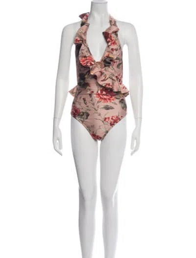 Pre-owned Zimmermann Floral Print Ruffle Embellishment One-piece W/ Tags In Pink
