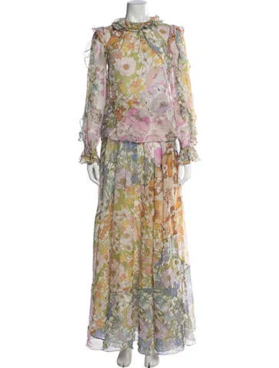 Pre-owned Zimmermann Floral Print Ruffle Embellishment Pant Set In Neutrals