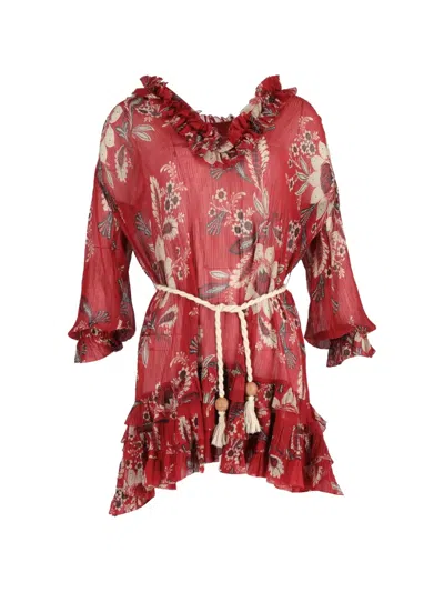 Pre-owned Zimmermann Floral-print Ruffled Mini Dress In Red