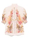 Zimmermann Ascension Embellished Shirred Floral-print Ramie Blouse In Multi