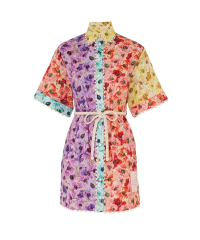 Zimmermann Lightburst Belted Crochet-trimmed Floral-print Cotton Mini Shirt Dress In Multi