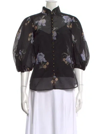 Pre-owned Zimmermann Floral Print Short Sleeve Blouse In Black
