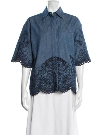 Pre-owned Zimmermann Floral Print Short Sleeve Blouse In Blue