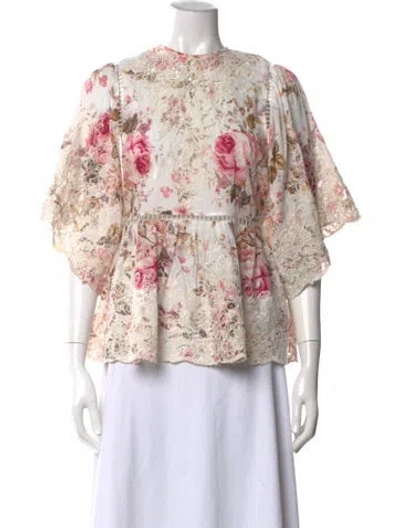 Pre-owned Zimmermann Floral Print Short Sleeve Blouse In Neutral