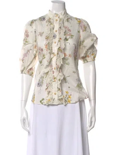 Pre-owned Zimmermann Floral Print Short Sleeve Blouse In Neutral